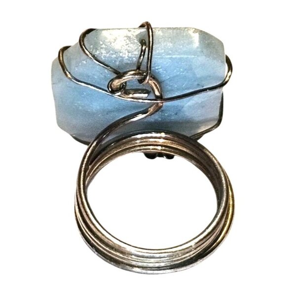 Adjustable Ring Statement Wire-Wrapped Blue Stone Unique Handmade Metal Band - Picture 8 of 9